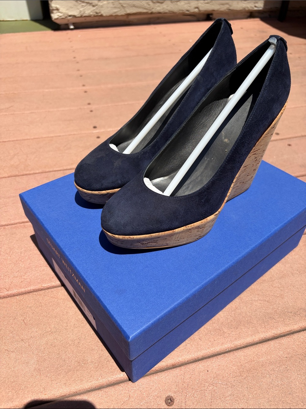 Stuart Weitzman Navy Suede Cork Wedge Pumps